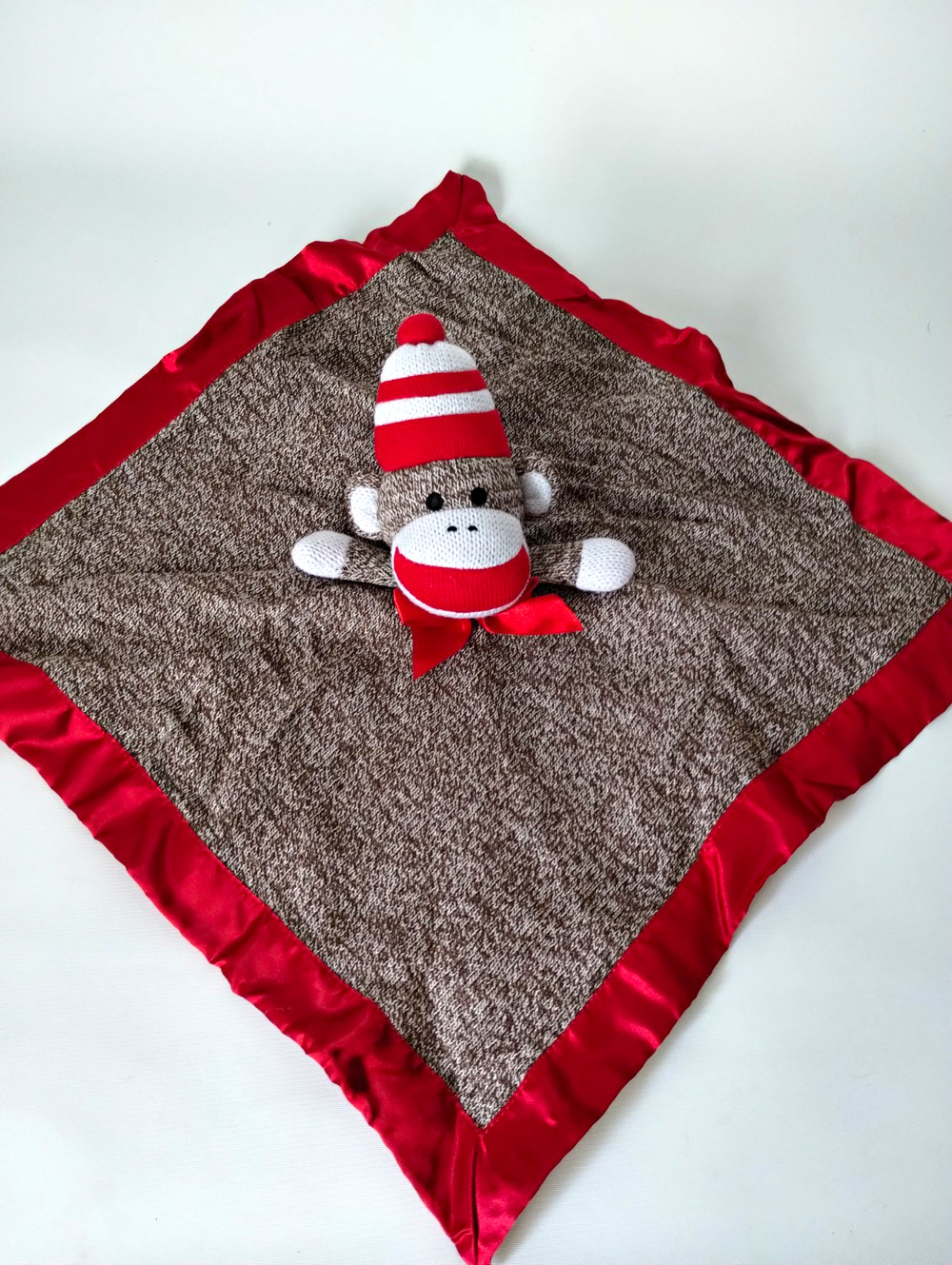 ABG Baby Sock Monkey Security Blanket Lovey Plush Monkey Red Satin Trim